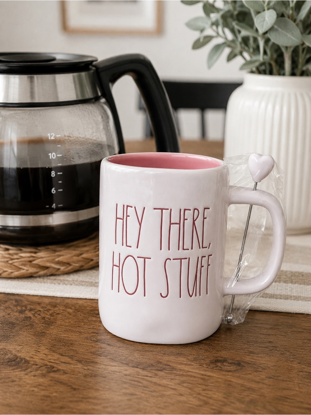 Rae Dunn HEY THERE HOT STUFF Pink Valentine Mug w Heart Spoon NWOT